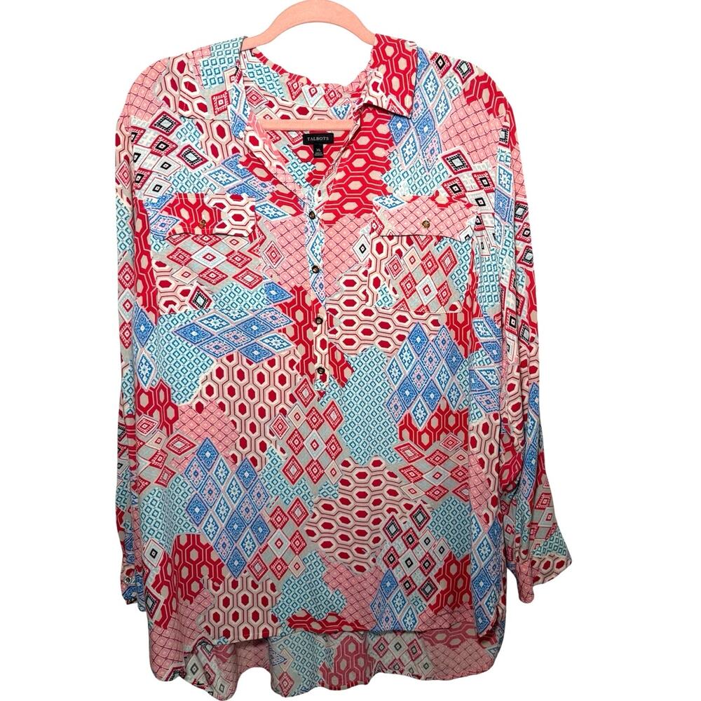 Talbots Womens XL PopOver Geometric Patchwork Blouse Tunic Pink Blue Roll-Tab